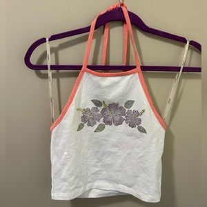 White Hawaiian Floral Halter Tank Top